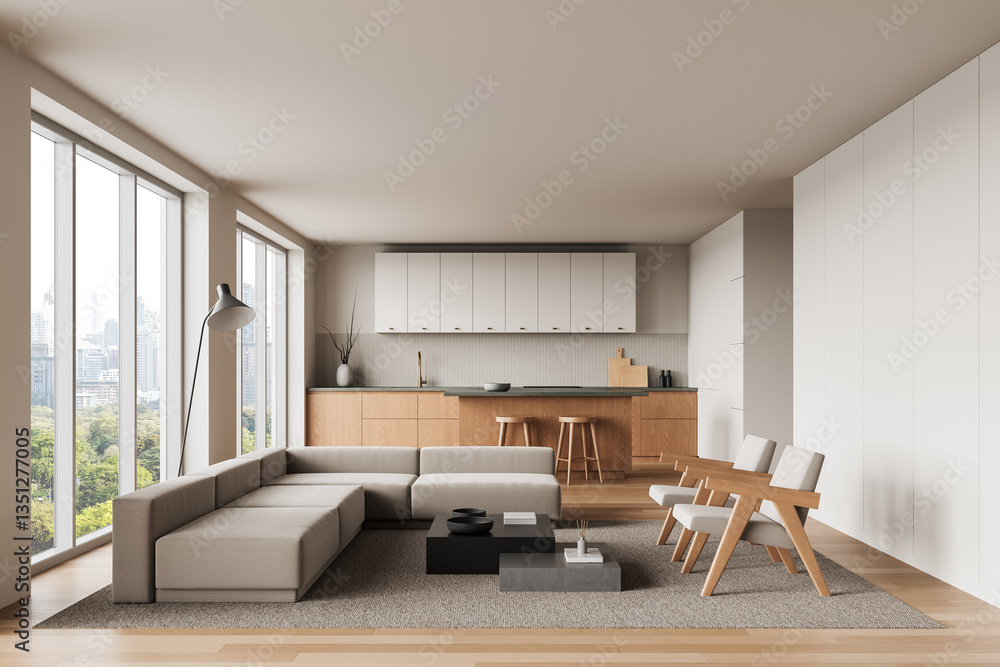 Fototapeta premium Modern minimalist living room and kitchen with natural wood furniture and large windows. 3D Rendering