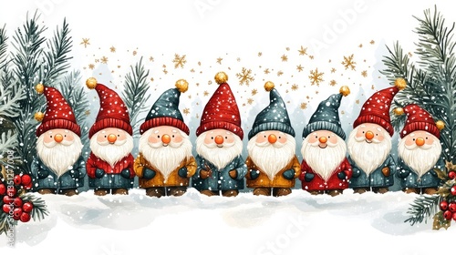 Christmas gnomes in a snowy landscape. Festive border design. Possible use greeting card, wallpaper, or digital print