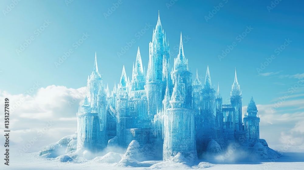 Obraz premium A majestic ice castle rises against a clear blue sky, surrounded by fluffy clouds, evoking a magical winter landscape