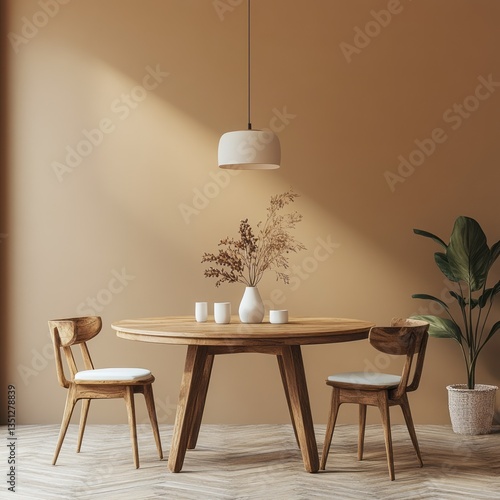 Elegant dining room featuring round wooden table and neutral palette