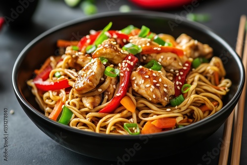 Vibrant noodle bowl with grilled chicken and crisp bell peppers