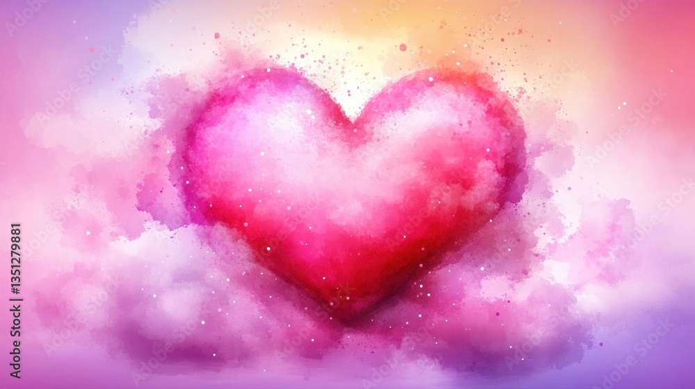 Fototapeta premium A fluffy heart-shaped cloud floats serenely in a bright blue sky, surrounded by wispy white clouds, creating a dreamy and romantic atmosphere perfect for a whimsical backdrop.