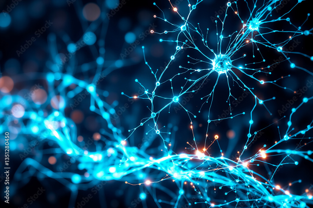 Abstract glowing network of blue and orange lines resembling neurons. It depicts complex connections and data flow, suggesting interconnectedness in a digital system. Abstract glowing network of blue and orange lines resembling neurons. It depicts complex connections and data flow, suggesting interconnectedness in a digital system.