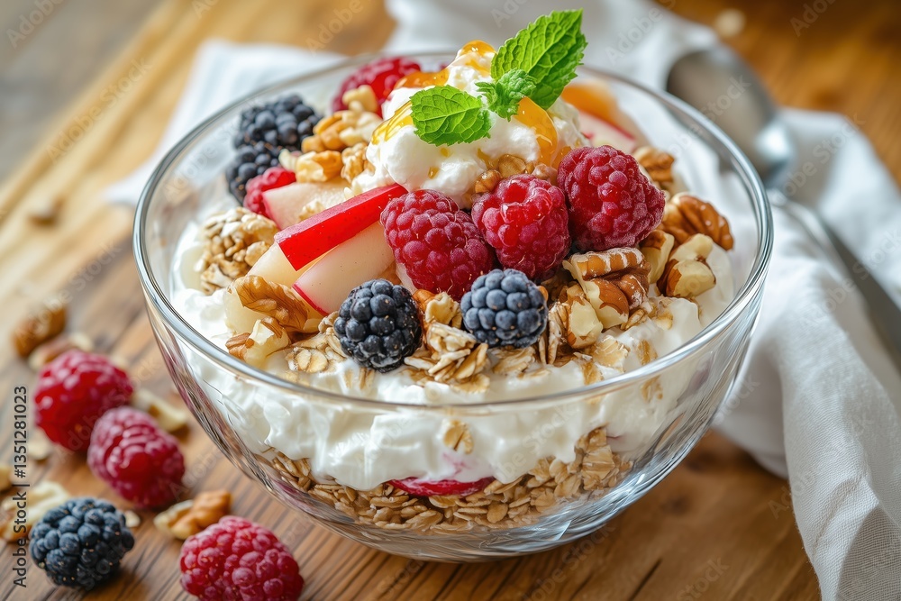 Swiss breakfast classic with rolled oats, apples, berries, and honey Swiss breakfast classic with rolled oats, apples, berries, and honey