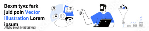 Businessman with laptop, data charts, gear icons, user profiles, and funnel symbolizing collaboration, strategy, and marketing. Ideal for analytics, teamwork sales planning CRM technology flat