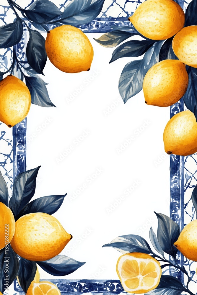 Fresh frame design with yellow lemons and floral tile patterns