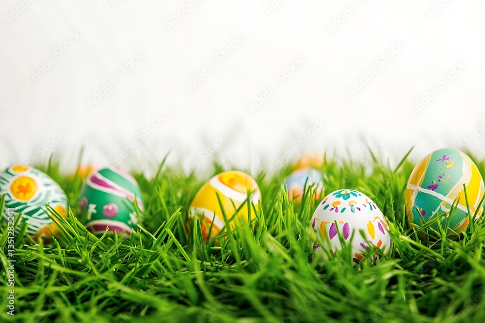 A bright green grass patch dotted with painted Easter eggs, against a crisp white background, capturing the essence of outdoor springtime fun. A bright green grass patch dotted with painted Easter eggs, against a crisp white background, capturing the essence of outdoor springtime fun.