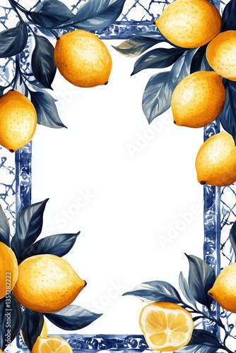 Obraz na płótnie Fresh frame design with yellow lemons and floral tile patterns w salonie