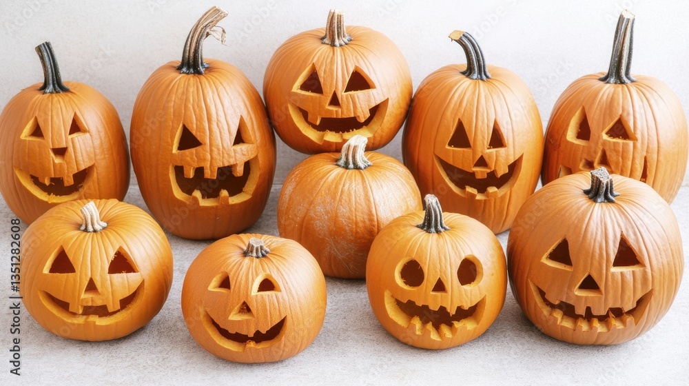 A vibrant display of intricately carved pumpkins rests on a rustic wooden table, showcasing various spooky and whimsical designs, illuminated by soft candlelight, perfect for Halloween. A vibrant display of intricately carved pumpkins rests on a rustic wooden table, showcasing various spooky and whimsical designs, illuminated by soft candlelight, perfect for Halloween.