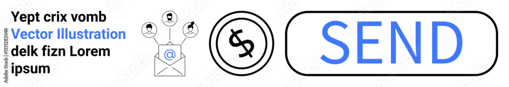 Envelope with social icons and email symbol, dollar currency symbol, blue Send button. Ideal for payment systems, messaging apps, online transactions, communication, finance, marketing technology Envelope with social icons and email symbol, dollar currency symbol, blue Send button. Ideal for payment systems, messaging apps, online transactions, communication, finance, marketing technology