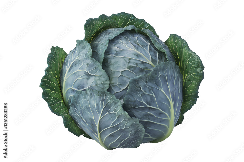 Fototapeta premium Whole green cabbage with vibrant outer leaves isolated on a transparent background. Fresh and organic vegetable concept, healthy food ingredient