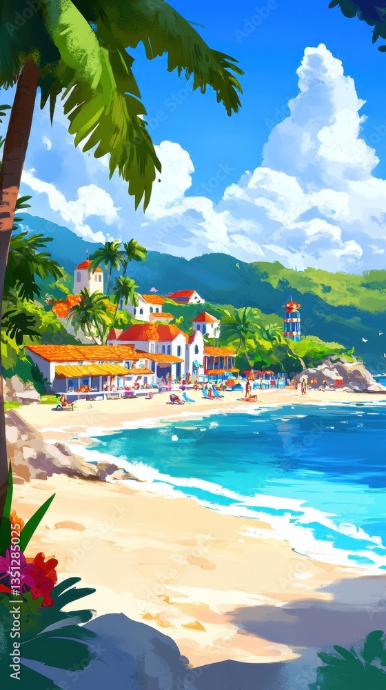 Naklejka premium Beautiful coastal town with beach view and palm trees illustration
