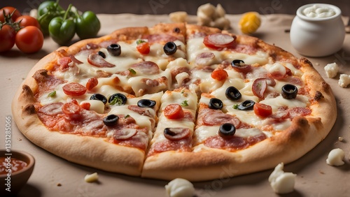 Wallpaper Mural A freshly baked meat lovers pizza, generously topped melted cheese, pepperoni, sausage, olives, presented a rustic background. Torontodigital.ca