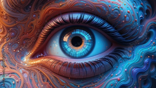 Close-Up of a Colorful Abstract Eye with Vivid Blue Iris Surrounded by Intricate Patterns and Textures