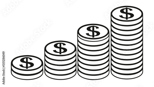 "Declining Financial Growth Concept – Black and White Vector Illustration of Decreasing Stacks of Dollar Coins Representing Economic Loss, Recession, or Inflation"
