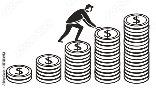 "Declining Financial Growth Concept – Black and White Vector Illustration of Decreasing Stacks of Dollar Coins Representing Economic Loss, Recession, or Inflation"
