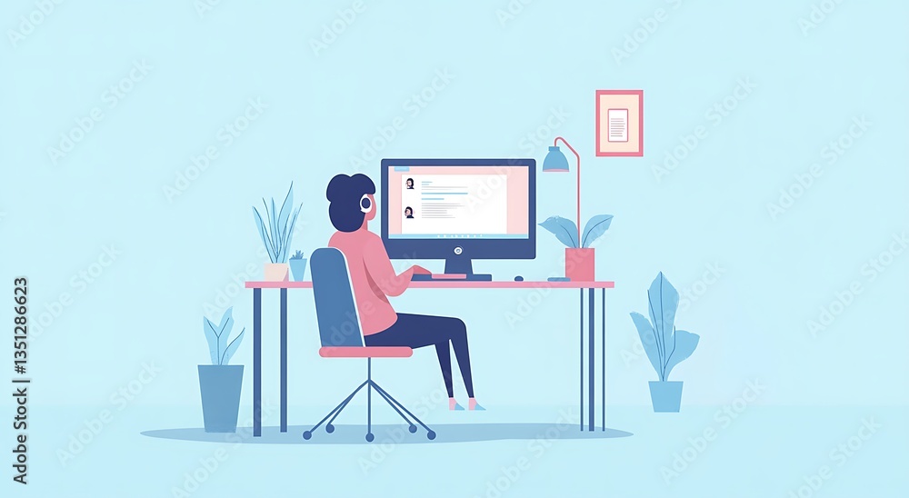 Fototapeta premium A business person employee sitting at their desk, engaging in an online meeting with colleagues on the screen, remote work, working from home, freelance concept