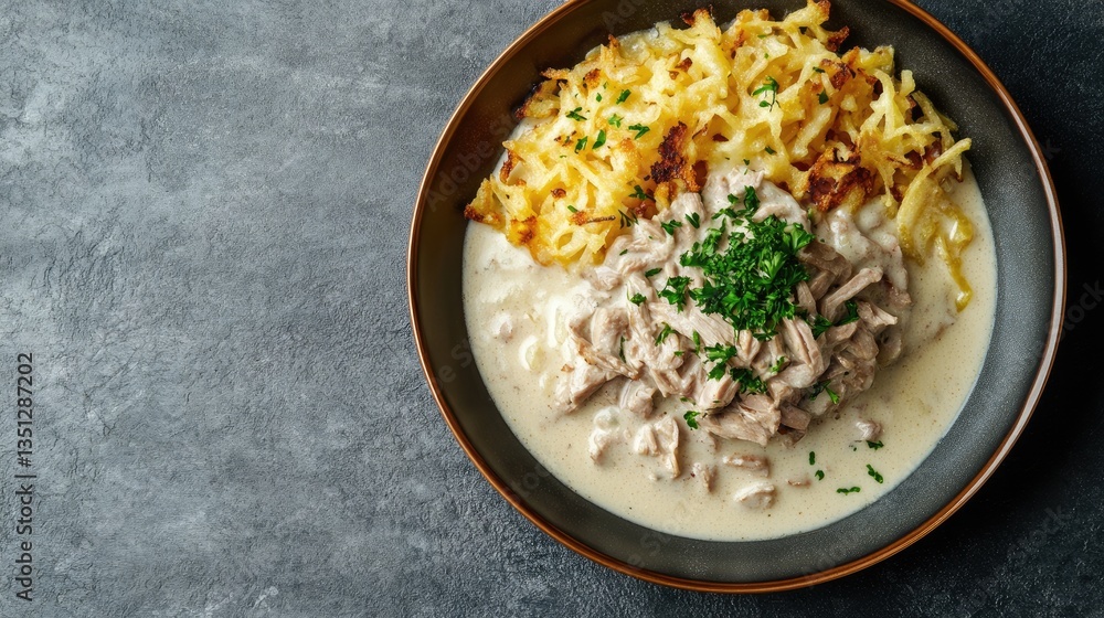 Creamy Chicken Dish with Crispy Potato Topping on Grey Background Creamy Chicken Dish with Crispy Potato Topping on Grey Background