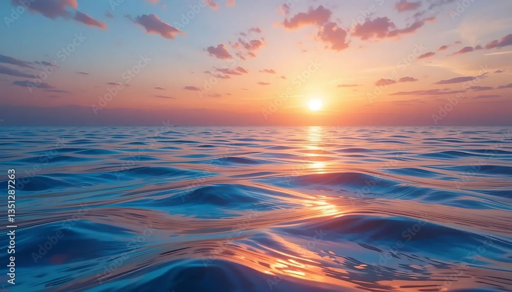 Fototapeta premium Serene Ocean Waves Reflecting a Vibrant Sunset Sky with Clouds, Creating a Peaceful and Tranquil Seascape at Twilight