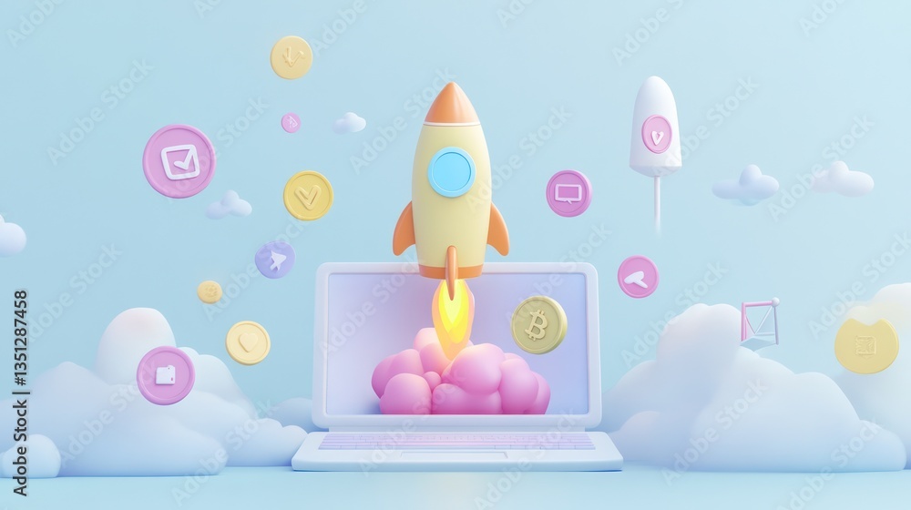Laptop Rocket Launch Startup Success Laptop Rocket Launch Startup Success