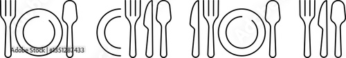 Set of linear icons featuring various cutlery and plate arrangements. Includes forks, knives, spoons and dishes in various table settings. Vector EPS 10