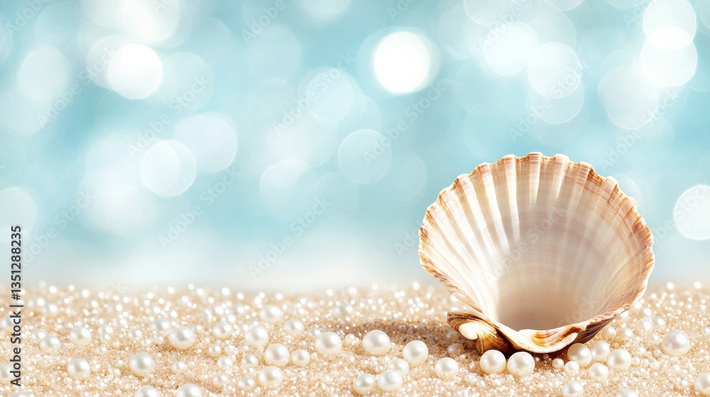 Open Shell on Glittery Beach with Pearls Scattered Around, Sparkling Coastal Scene, Raw Style, Selective Focus, Copy Space Open Shell on Glittery Beach with Pearls Scattered Around, Sparkling Coastal Scene, Raw Style, Selective Focus, Copy Space
