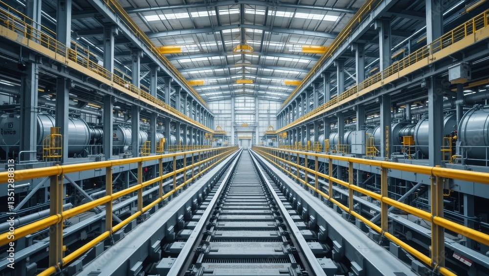 Industrial Warehouse Interior with Extensive Machinery and Rails Under Bright Overhead Lighting Industrial Warehouse Interior with Extensive Machinery and Rails Under Bright Overhead Lighting