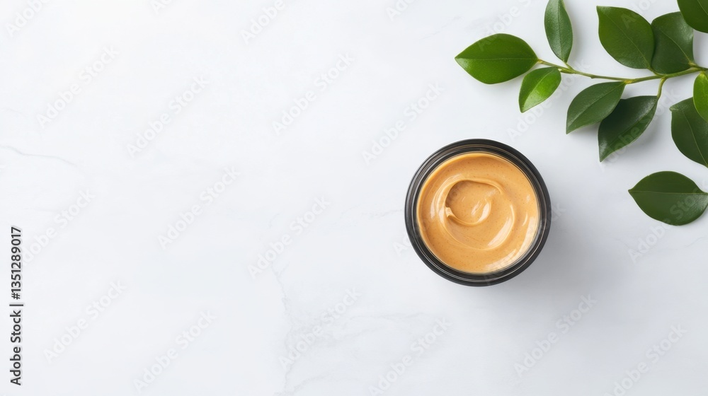 Creamy cosmetic product in a black jar on a marble surface with green leaves for beauty and skincare applications, natural and organic aesthetics Creamy cosmetic product in a black jar on a marble surface with green leaves for beauty and skincare applications, natural and organic aesthetics