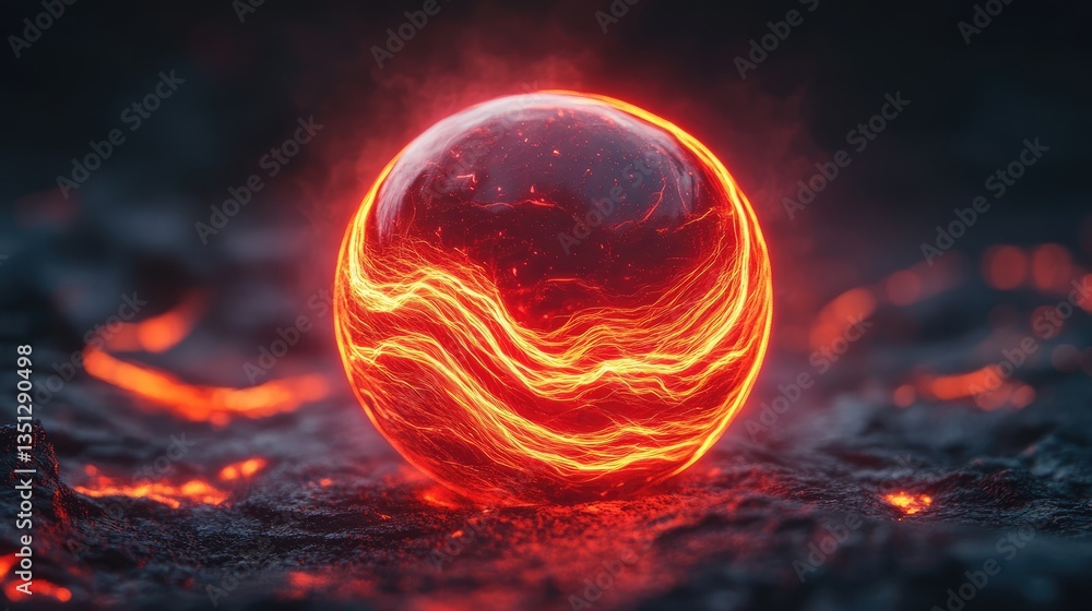 Glowing molten orb surrounded by lava, showcasing vibrant colors and dynamic textures in a volcanic landscape Glowing molten orb surrounded by lava, showcasing vibrant colors and dynamic textures in a volcanic landscape