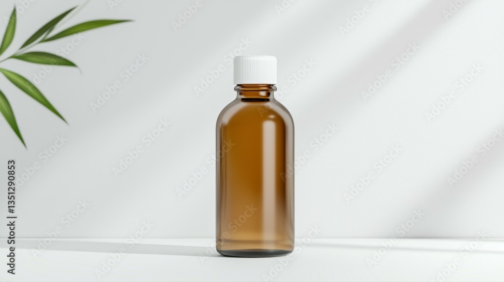 Amber glass bottle with white cap on a white surface, soft shadow and leaf accent. Amber glass bottle with white cap on a white surface, soft shadow and leaf accent.