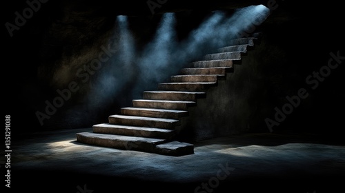 Ancient stone stairs in a dimly lit underground chamber.  Foggy, dramatic lighting illuminates the steps