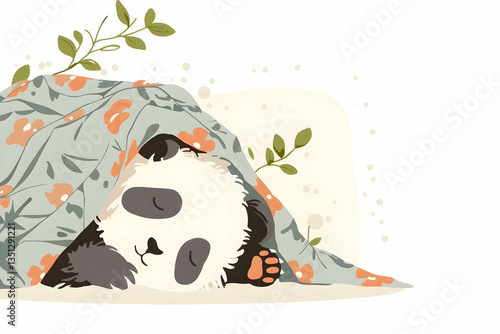 Cute Sleeping Panda Under Floral Blanket