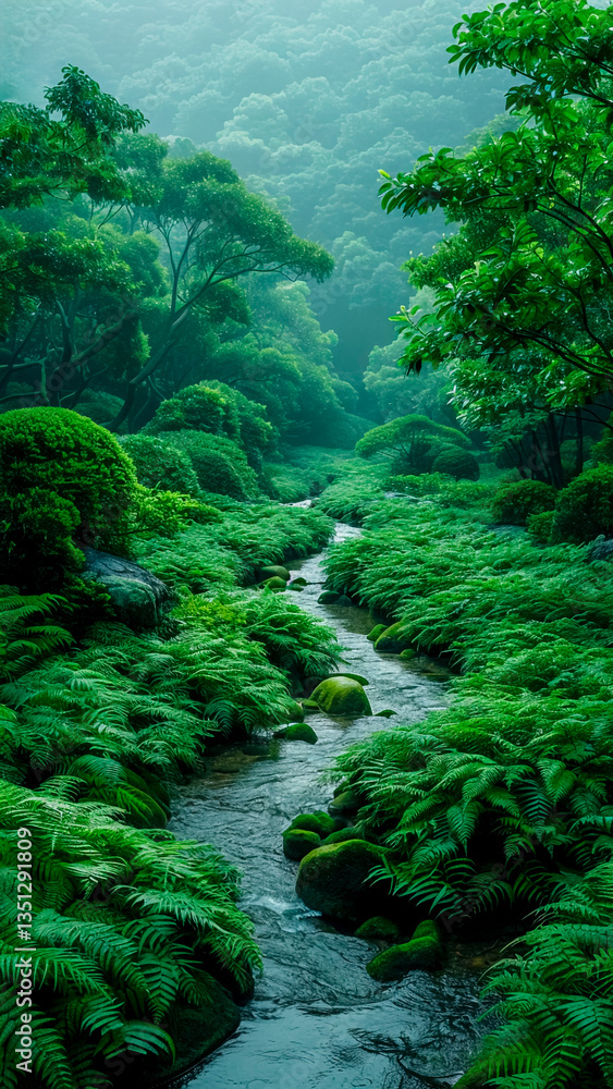 Narrow Brook Flowing Through Fern Grove. Forest Stream, Lush Greenery, Nature Escape.