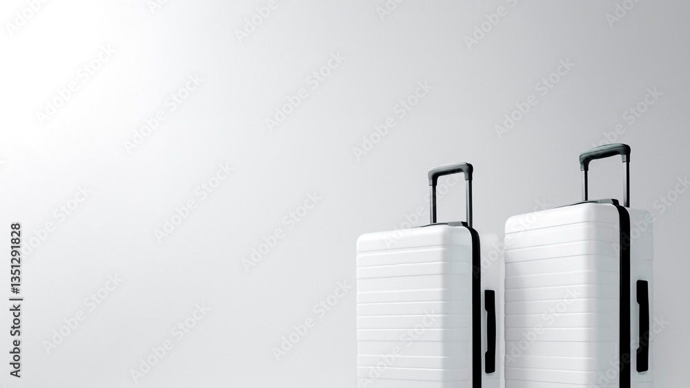 Pair of White Travel Suitcases on White Background. Copyspace, Travel Concept, Tourism Accessories, Trip Preparation.