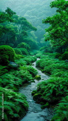 Obraz na płótnie Narrow Brook Flowing Through Fern Grove. Forest Stream, Lush Greenery, Nature Escape. w salonie