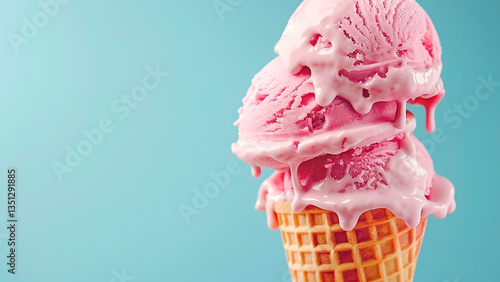 Obraz na płótnie Pink Ice Cream in Waffle Cone on Blue Background. Summer Concept, Sweet Dessert, Delicious Indulgence, Copyspace. w salonie