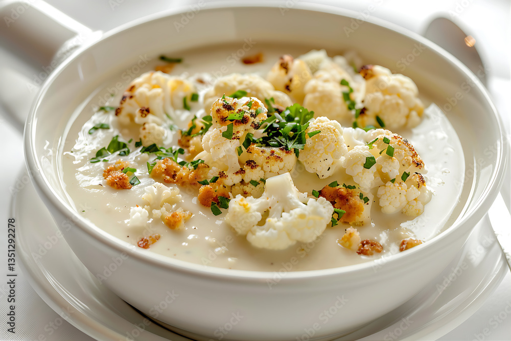 Roasted cauliflower and stilton soup in a white bowl Roasted cauliflower and stilton soup in a white bowl