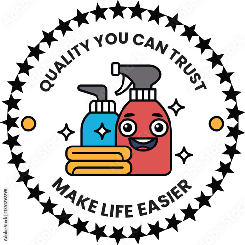 A sticker with a smiling face and two bottles of cleaning products