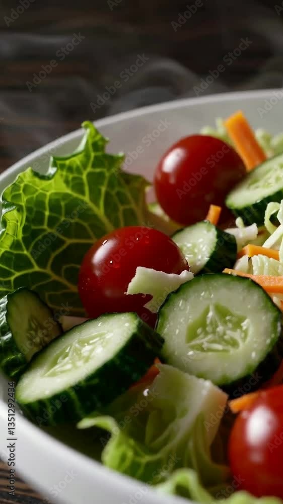 Vibrant fresh salad with crisp veggies and steaming aromas in slow motion Vibrant fresh salad with crisp veggies and steaming aromas in slow motion