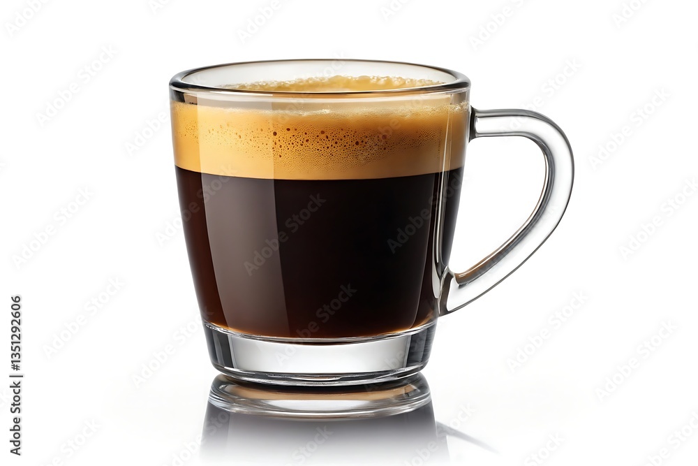 A rich, dark espresso, perfectly frothed, a moment of pure caffeinated bliss in a clear glass cup against a bright white background. A rich, dark espresso, perfectly frothed, a moment of pure caffeinated bliss in a clear glass cup against a bright white background.