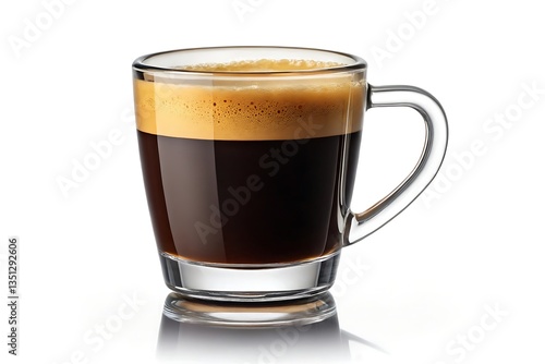 A rich, dark espresso, perfectly frothed, a moment of pure caffeinated bliss in a clear glass cup against a bright white background.