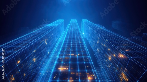 Wallpaper Mural Blue digital buildings structure. Cityscape futuristic view. Network and data transmission concept. Glowing lines and dots forming towers. Dark background with light spots. Torontodigital.ca