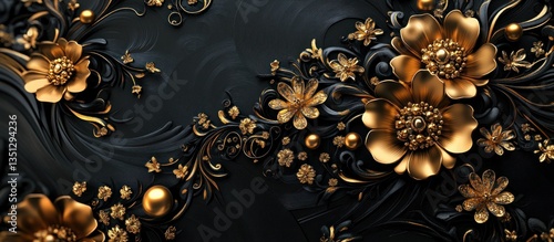 A captivating 3D mural illustration with golden jewelry and flowers on black decorative wallpaper, blending textures and depth for a luxurious visual  