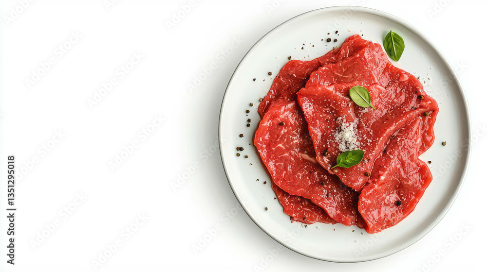 Gourmet steak carpaccio with fresh basil and pepper garnish on white plate Gourmet steak carpaccio with fresh basil and pepper garnish on white plate