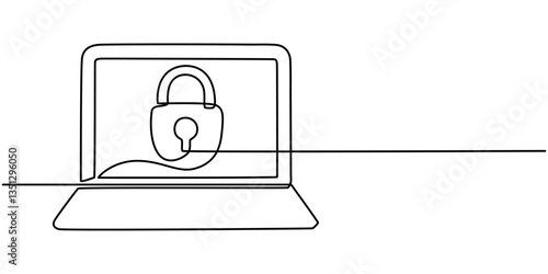 continuous one single line drawing of laptop and padlock with keys on screen as business concept of cyber security, Open laptop with closed padlock and shield badge continuous line drawing.