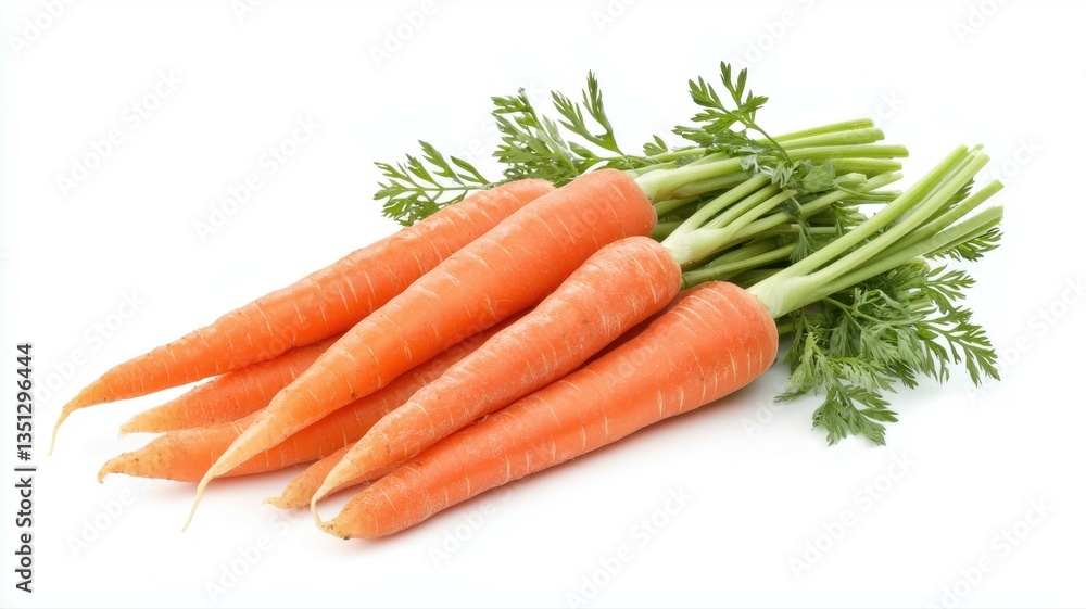 Fresh organic carrots with green tops arranged neatly on a white background. Fresh organic carrots with green tops arranged neatly on a white background.