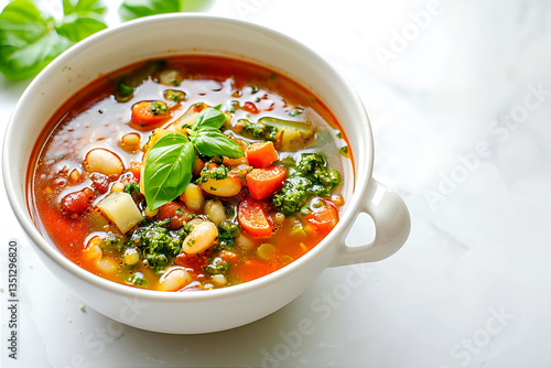 Spring minestrone soup with pesto in a white ceramic bowl