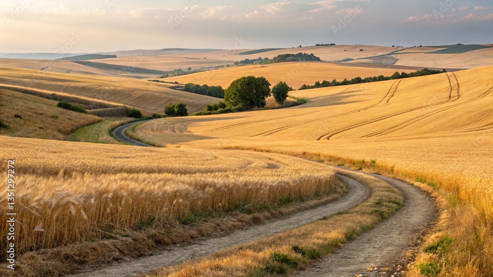 Obraz premium A dirt road winding through golden wheat fields, with rolling hills and trees in the background. 