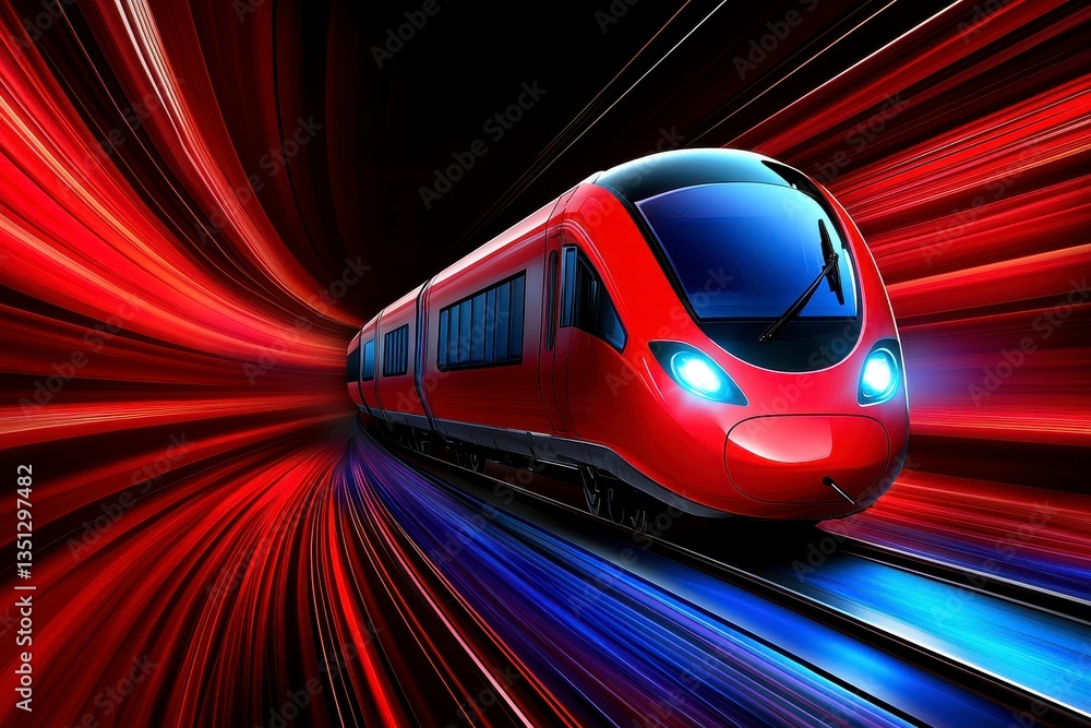 Fototapeta premium Red High Speed Train in Motion Blurred Tunnel with Dynamic Lighting