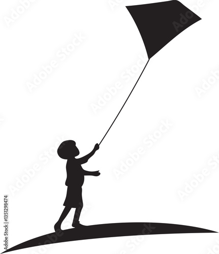 Black flat silhouette vector icon, A child joyfully flying a kite